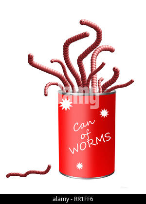 Bright red can of worms isolated on white. Concept, metaphor. Bright tin, cute worms. With label. Stock Photo