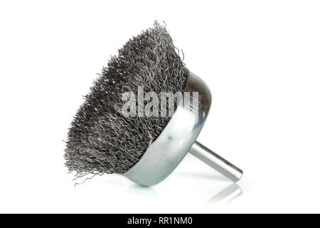 metal brush on a drill to remove rust isolated on white background Stock Photo