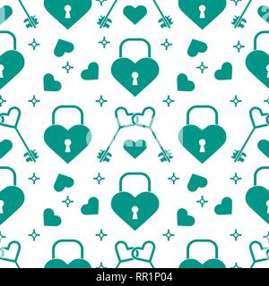 Seamless pattern with hearts, lock, keys in heart shape. Greeting card happy Valentine's Day. Romantic background. Design for banner, poster or print. Stock Vector