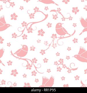 Seamless pattern with sakura branches, birds. Japan nature. Branches of cherry blossoms. Design for card, announcement, advertisement, banner or print Stock Vector