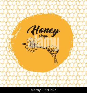 Honey Bee, Sketch Logo Design with Honeycomb Pattern. Vintage hand drawn isolated illustration with handcrafted lettering. Stock Vector