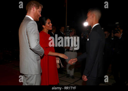 The Duke and Duchess of Sussex meet Crown Prince Moulay Hassan at a Royal Residence in Rabat as they start their tour of Morocco. Stock Photo