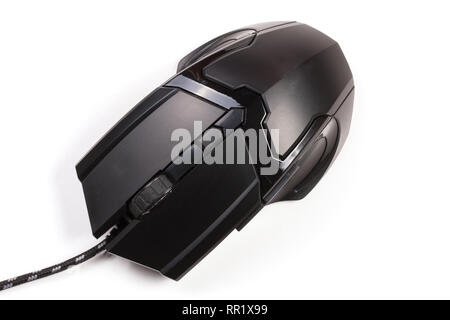 black computer mouse isolated on white background. Top view Stock Photo