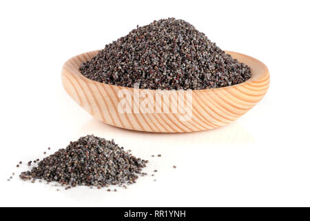 poppy seeds in a wooden spoon isolated on white background. Selective focus Stock Photo