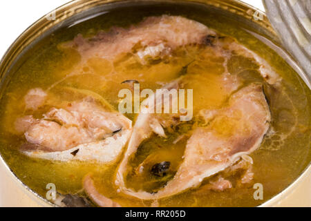 open tin can with fish pilchard close-up macro Stock Photo