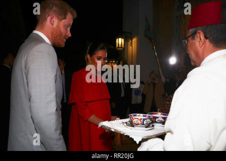 The Duke and Duchess of Sussex arrive to meet Crown Prince Moulay Hassan at a Royal Residence in Rabat as they start their tour of Morocco. Stock Photo