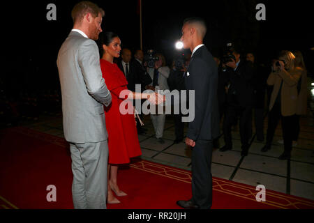 The Duke and Duchess of Sussex meet Crown Prince Moulay Hassan at a Royal Residence in Rabat as they start their tour of Morocco. Stock Photo