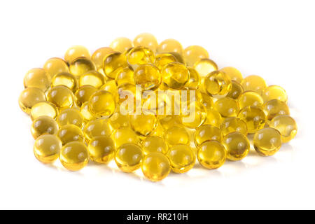 a bunch of fish oil capsules isolated on white background Stock Photo