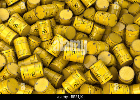 Storage and utilization of nuclear radioactive waste concept background. Heap of yellow barrels with radioactive sign. 3d illustration Stock Photo