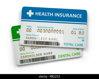 Health Insurance cards total and dental care  Isolated on white background. 3d illustration Stock Photo