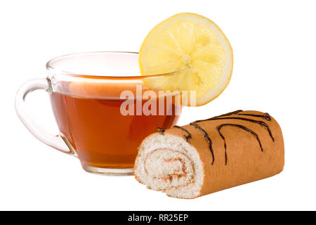 Biscuit roll with a cup of tea isolated on  white background closeup Stock Photo