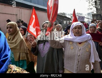 Female supporters of National Conference (NC), a mainstream political party are seen holding flags during the protest in Srinagar. The National Conference (NC) organised a protest march in Srinagar against the attacks on Kashmiri's in Jammu and other parts of the country after at least 40 Central Reserve Police Force (CRPF) personnel were killed on Feb 14. Stock Photo