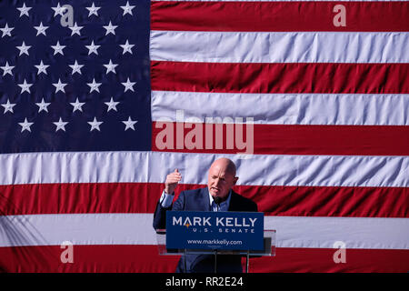 Tucson, Arizona, USA. 23rd Feb, 2019. February 23, 2019- Former Astronaut and fighter pilot Mark Kelly kicks off his campaign for the Democtatic Senate nomination from Arizona. Kelly commanded two Space Shuttle missions and flew 39 combat missions. He is the husband of former Arizona Reresentative Gabby Giffords who was wounded in a 2011 shooting while meeting voters in Tucson. Both are advocates of gun control. Giffords joined her husband for the rally at the Hotel Congress in Tucson. Credit: Christopher Brown/ZUMA Wire/Alamy Live News Stock Photo