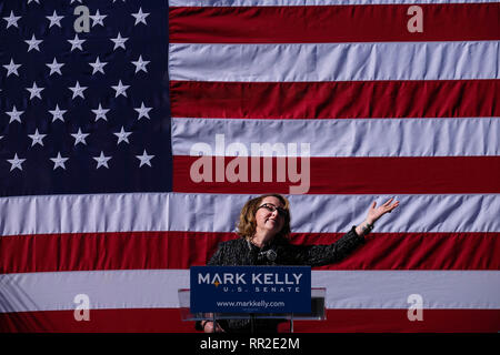 Tucson, Arizona, USA. 23rd Feb, 2019. February 23, 2019- Former Astronaut and fighter pilot Mark Kelly kicks off his campaign for the Democtatic Senate nomination from Arizona. Kelly commanded two Space Shuttle missions and flew 39 combat missions. He is the husband of former Arizona Reresentative Gabby Giffords who was wounded in a 2011 shooting while meeting voters in Tucson. Both are advocates of gun control. Giffords joined her husband for the rally at the Hotel Congress in Tucson. Credit: Christopher Brown/ZUMA Wire/Alamy Live News Stock Photo
