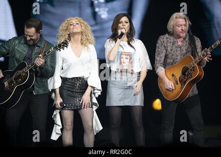 Calgary, Alberta, Canada. 23rd Feb, 2019. (L-R) Recording artists Karen Fairchild, Jimi Westbrook, Kimberly Schlapman and Philip Sweet of musical group Little Big Town perform onstage in Calgary Alberta, Credit: Baden Roth/ZUMA Wire/Alamy Live News Stock Photo