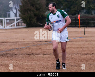 February 23, 2019 - Southern Pines, North Carolina, US - Feb. 23, 2019 - Southern Pines, N.C., USA - Carolinas Geographic Rugby Union men's rugby action between the Southern Pines ''Big Cones'' and Charleston (South Carolina) Outlaws Rugby Football Club at Twin Fields Farm. Southern Pines shut-out Charleston, 105-0. (Credit Image: © Timothy L. Hale/ZUMA Wire) Stock Photo