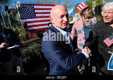 Tucson, Arizona, USA. 23rd Feb, 2019. Former Astronaut and fighter pilot Mark Kelly kicks off his campaign for the Democtatic Senate nomination from Arizona. Kelly commanded two Space Shuttle missions and flew 39 combat missions. He is the husband of former Arizona Reresentative Gabby Giffords who was wounded in a 2011 shooting while meeting voters in Tucson. Both are advocates of gun control. Giffords joined her husband for the rally at the Hotel Congress in Tucson. Credit: Christopher Brown/ZUMA Wire/Alamy Live News Stock Photo
