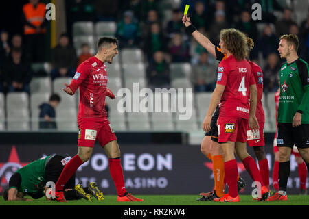 BRUGES, BELGIUM - Februari 23 : Zarko Tomasevic of Kv Oostende gets a yellow card during the Jupiler Pro League matchday 27 between Cercle Brugge and KV Oostende on Februari 23, 2019 in Bruges, Belgium. (Photo by Frank Abbeloos/Isosport) Stock Photo