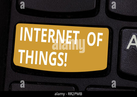 Handwriting text Internet Of Things. Concept meaning interconnection via Internet computing devices embedded Keyboard key Intention to create computer Stock Photo