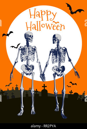 A couple of engraving skeleton holding hand and walking in the full moon orange background illustration for halloween greeting Stock Photo