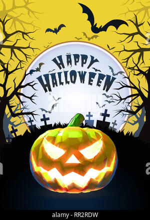 Jack o lantern glowing at foreground with cartoony style in the graveyard background for halloween greeting on bright yellow artwork Stock Photo