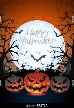 Jack o lantern glowing at foreground with cartoony style in the darkness graveyard background for halloween greeting on colorful artwork Stock Photo