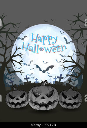 Jack o lantern glowing at foreground with cartoony style in the darkness graveyard background for halloween greeting on colorful artwork Stock Photo