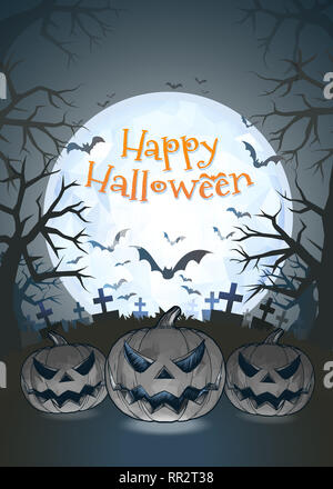 Jack o lantern glowing at foreground with cartoony style in the darkness graveyard background for halloween greeting on colorful artwork Stock Photo