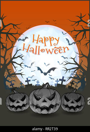 Jack o lantern glowing at foreground with cartoony style in the darkness graveyard background for halloween greeting on colorful artwork Stock Photo