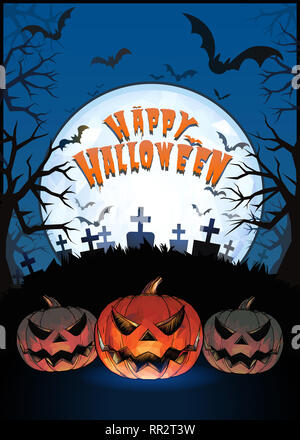 Jack o lantern glowing at foreground with cartoony style in the darkness graveyard background for halloween greeting on colorful artwork Stock Photo