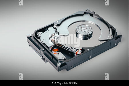 disassembled computer hard drive on black background Stock Photo