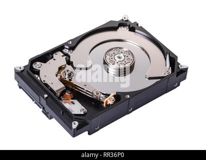 disassembled computer hard drive on white isolated background Stock Photo
