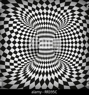 Geometric Square Black and White Optical Illusion. Abstract Wormhole Tunnel. Distort of space and time. Vector illustration Stock Vector