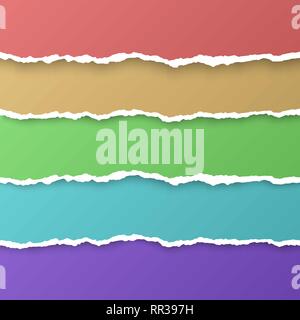 Set of color rainbow torn paper stripes. Paper texture with damaged edge. Isolated vector illustration Stock Vector