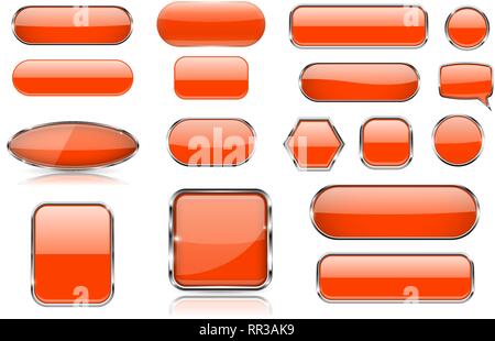 Orange glass buttons. Collection of 3d icons with and without chrome frame Stock Vector
