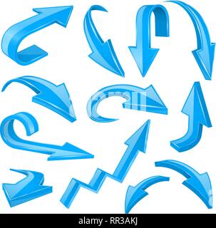 Blue 3d shiny arrows. Set of bent icons Stock Vector
