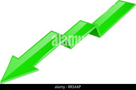 Green indication arrow. Moving down 3d financinal sign Stock Vector