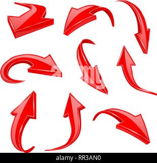Red 3d shiny arrows. Set of bent icons Stock Vector