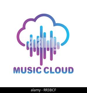 Cloud music library, streaming. Simple linear icon with thin outline. Vintage retro typography with offset printing effect. EPS 10 Stock Vector
