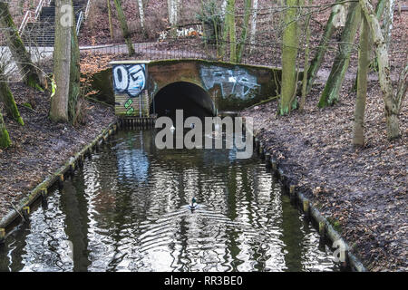 Berlin- Zehlendorf. Krumme Lanke lake. Old bridge, canal & ducks Stock Photo