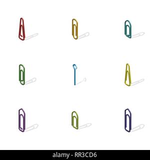 Set of various office paper clips isolated on white background. 3d isometric style, vector illustration. Stock Vector