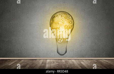 Glass lightbulb with multiple gears inside placed in empty room with grey wall on background. 3D rendering. Stock Photo