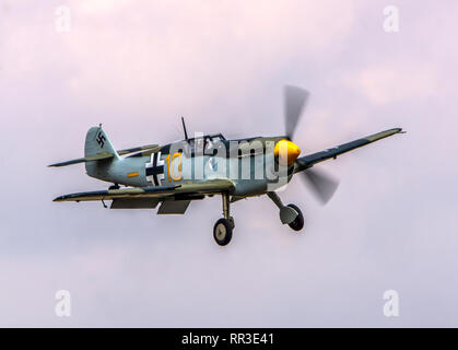 a Hispano Buchon Messerschmitts BF109s coming into land at Duxford England Stock Photo