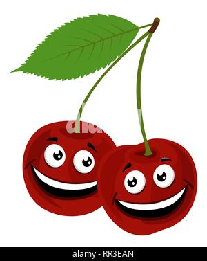 Cherry. Vector Illustration of a funny pair of cherries with face, on white background. Stock Vector