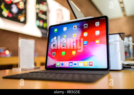 PARIS, FRANCE - NOV 7, 2018: Hero object of Apple iPad Pro with Face ID, A12X Bionic with Neural Engine and thin completely redesigned body Stock Photo