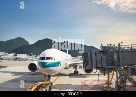 Boeing 777 Cathay Pacific departing Hong Kong on sunny day Stock Photo