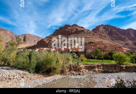 River area at M’Goun Valley – the Valley of the roses, where blossoms are harvested to make Rose Oil and other cosmetic products. Todra gorge Stock Photo