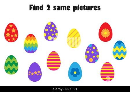 Find two identical pictures, fun education game with easter eggs in cartoon style for children, preschool worksheet activity for kids, task for the de Stock Vector