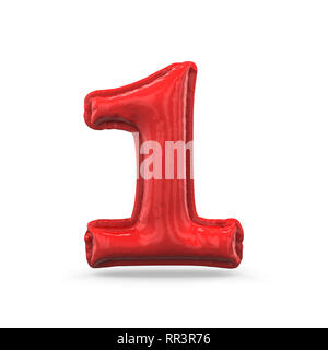 Red digit one made of inflatable balloon isolated on white background. 3D rendering Stock Photo