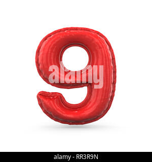 Red digit nine made of inflatable balloon isolated on white background. 3D rendering Stock Photo